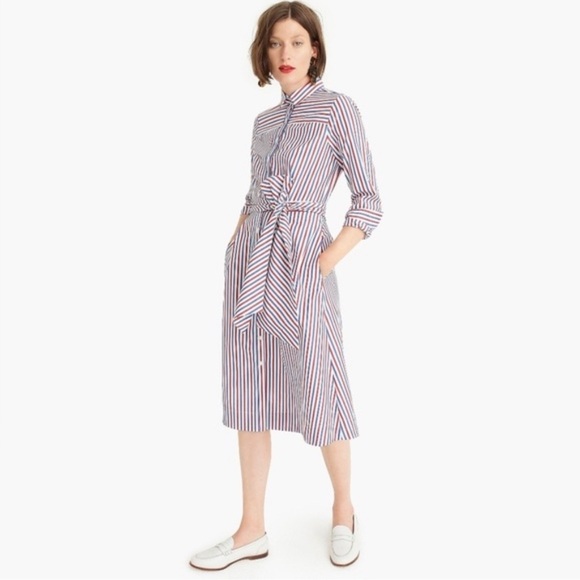 J. Crew Red White Blue Striped Tie Waist Cotton Dress Size 2 - Picture 1 of 14